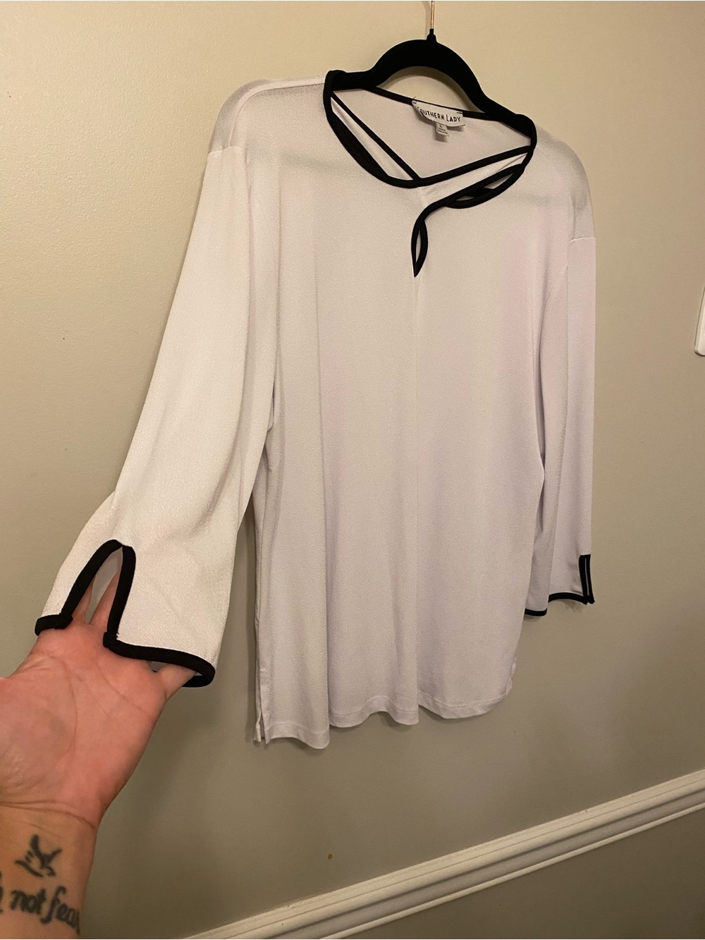 Southern Lady White Blouse with Black Trim Neck